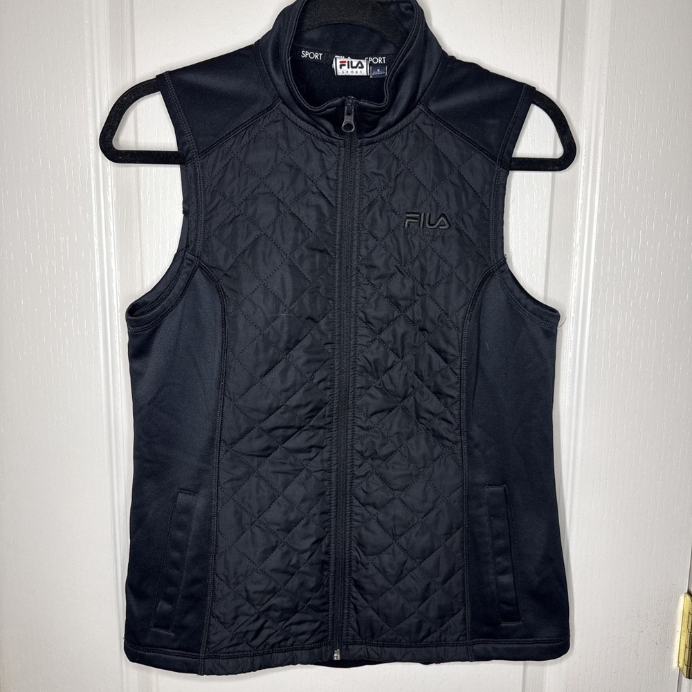 Fila Sport Black Quilted Mixed Media Full Zip Vest Women Size S Mock Neck Active